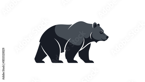 A stylized graphic illustration of a dark grey bear walking in profile on a clean white background.