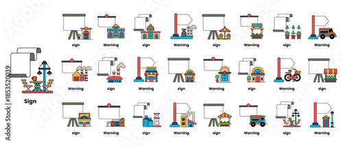 A collection of images of buildings and signs, with the words "Sign"