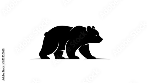 A striking black silhouette of a bear walking, depicted in a simple and bold graphic style on a clean white background.