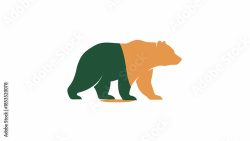A minimalist illustration of a bear, with its front half in dark green and its rear half in orange, on a clean white background.