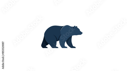 A stylized dark blue bear walking in profile on a white background, depicted with a minimalist flat design.