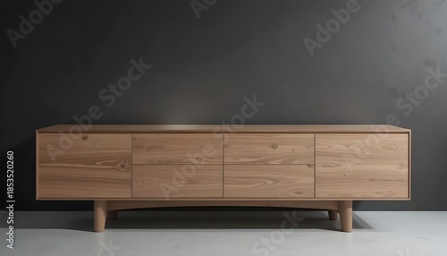 A wooden dresser stands against a dark gray wall in a minimalist room with a subtle shadow cast on the floor