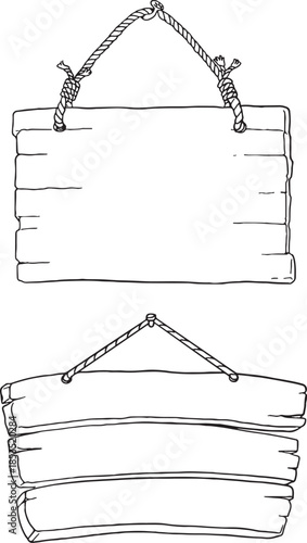 Hand drawn wooden sign mega bundle. Vector sketch of blank wood boards, hanging signs with rope, leafy branches, arrows, heart, and circle shapes. Rustic timber placards for garden and eco decor.