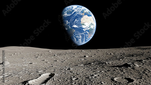 Earthrise over lunar landscape
