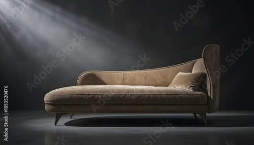 Luxurious beige couch illuminated by soft spotlight in a darkened room showcasing elegant design and comfortable seating arrangement
