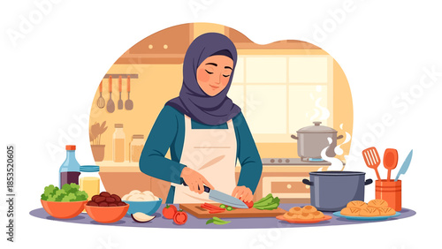 A Muslim woman in a hijab and apron is happily cooking and preparing a healthy meal in a cozy kitchen, chopping fresh vegetables on a cutting board.