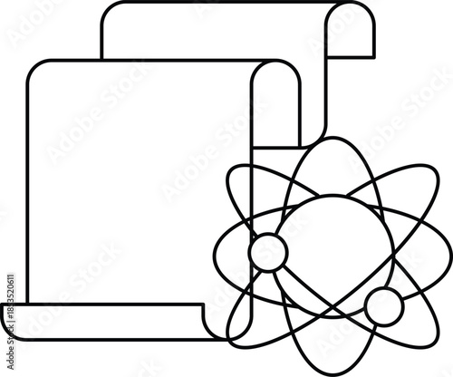 A black and white drawing of a book and a piece of paper with a spiral on it