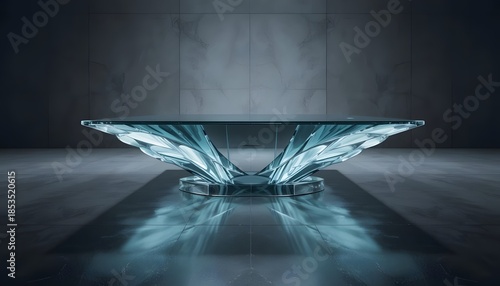A sleek glass table stands illuminated in a dark, modern interior with reflective floor and subtle lighting effects.