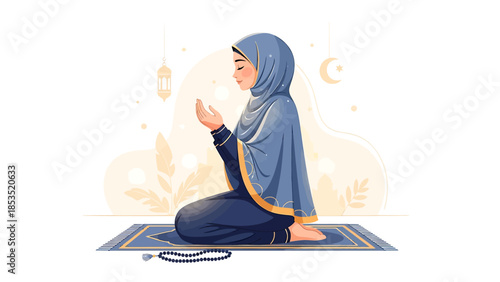 Muslim woman praying on a mat with prayer beads, hands raised in supplication, serene expression, Islamic background elements.