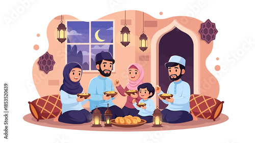 Muslim family celebrating Eid or Ramadan, sharing a meal together in a festive home setting with lanterns and traditional decor.