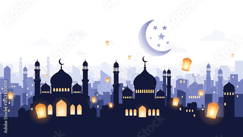 Beautiful silhouette of a mosque cityscape at night with crescent moon, stars, and glowing lanterns, depicting an Islamic celebration like Ramadan or Eid.