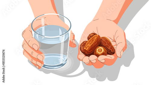 A pair of hands holding a glass of water and a handful of dates, symbolizing hydration and natural energy.