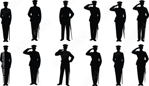 Military officer silhouette set, army soldiers saluting standing poses, uniformed defense personnel collection, ceremonial guard figures, cad drawing flat vector illustration