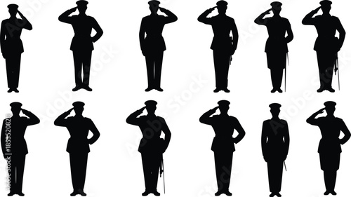 Military officer salute silhouette collection, uniformed army personnel poses, black shadow figures isolated on white background illustration set