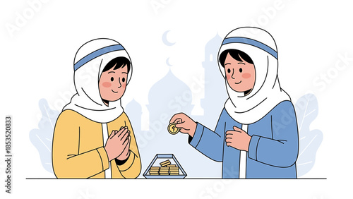 Two Muslim children giving and receiving charity, with a mosque in the background, illustrating the act of sadaqah or zakat during Ramadan.