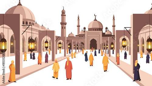 Illustration of a grand mosque complex with numerous people in traditional attire walking through courtyards adorned with lanterns, depicting a scene of Islamic culture and religion.