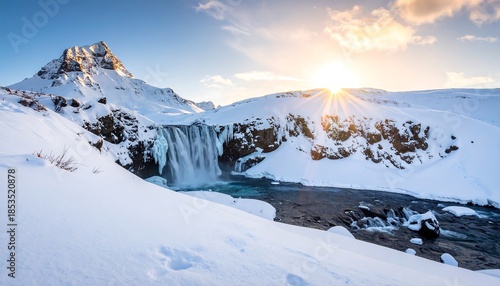Snow-covered landscape with a waterfall cascading beneath a mountain and a bright sunburst in a blue sky