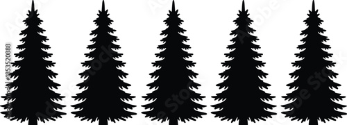 Pine tree silhouette set, evergreen forest nature shapes, black shadow trees isolated on white background flat vector illustration