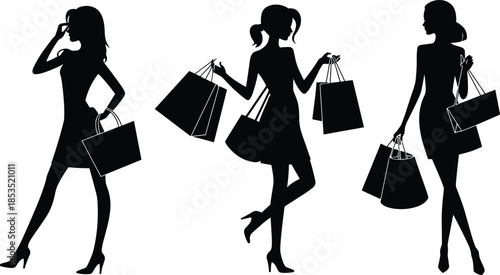 Shopping woman silhouette collection, fashionable female figures carrying bags, elegant black shadow shoppers isolated on white background illustration