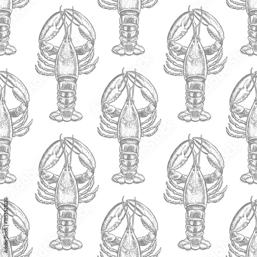 Seamless pattern of sea lobsters. Hand-drawn vector illustration. Seafood image in grayscale. Separate from the background. Perfect for packaging, labels, textiles, wrapping paper, and more.