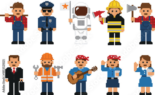 Pixel people profession character set, worker police astronaut firefighter builder business occupations, retro 8 bit style, cad drawing flat vector illustration