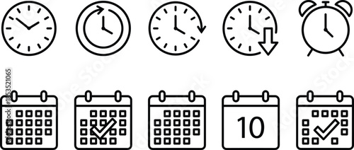 Time and calendar icon set, clock alarm date schedule symbols for ui ux web app design cad drawing flat vector illustration
