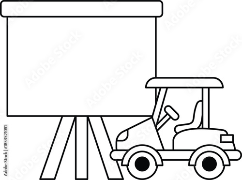 A black and white drawing of a golf cart and a projector screen