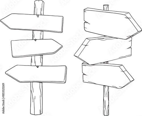 Hand drawn wooden sign mega bundle. Vector sketch of blank wood boards, hanging signs with rope, leafy branches, arrows, heart, and circle shapes. Rustic timber placards for garden and eco decor.