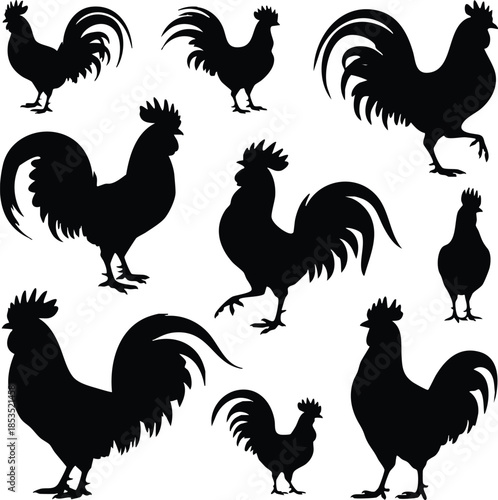 Rooster Silhouettes Collection, Morning Herald Silhouettes, Poultry Silhouettes Set, Farmyard Mornings, silhouette, illustration, vector