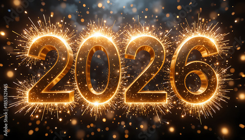 The sparkling golden year 2026 brilliantly illuminates a festive night