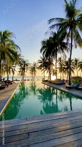 Vertical shot of a luxury infinity pool at sunset with palm trees and a tropical beach background. Perfect for resort vacation, hotel lifestyle, and summer travel concepts.