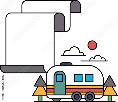 A black and white drawing of a camper van parked in front of a large piece of pa