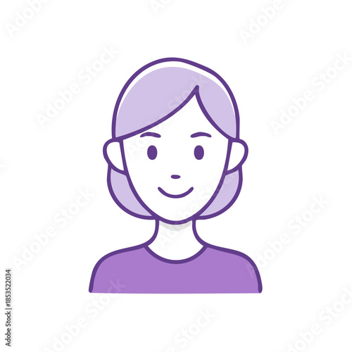 Person Avatar: Simple Smiling Woman Portrait with Short Hair, Vector Graphic, Violet