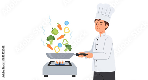 Chef cooking fresh vegetables in a pan on a stove.
