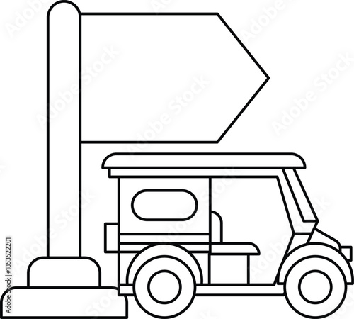 A black and white drawing of a tuk tuk with a sign above it