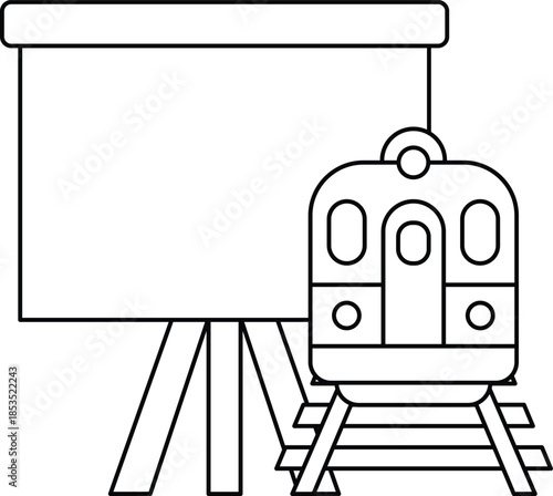 A train is on a track next to a projector screen