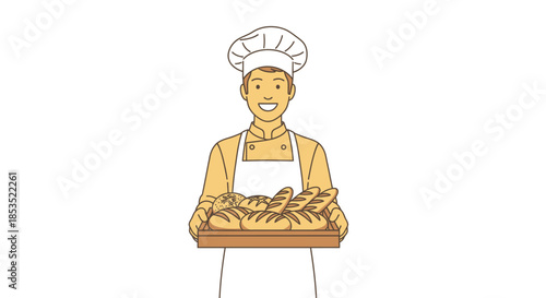 Smiling Baker Holding Freshly Baked Bread on a Tray.
