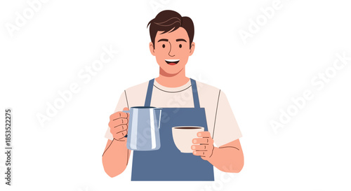 Smiling Barista Preparing Coffee with Pitcher and Cup.