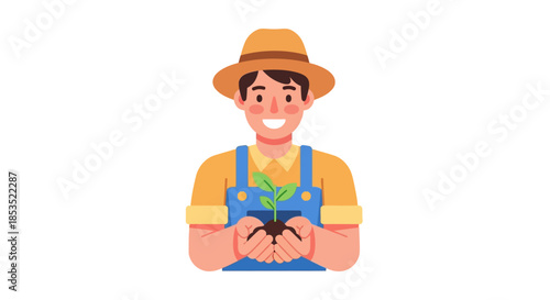 Smiling Farmer Holding a Young Plant in Soil Ready for Cultivation.
