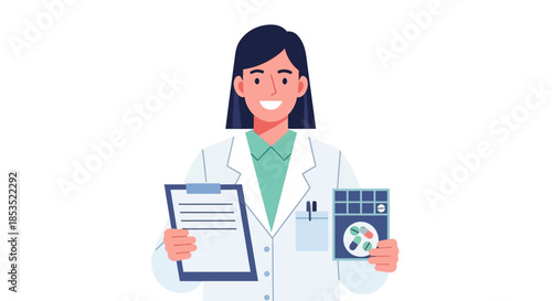 Smiling female doctor holding medical chart and Xray image.