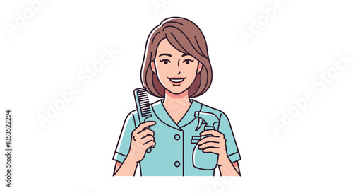 Smiling Female Hairdresser Holding Comb and Scissors Ready for Haircut.