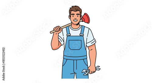 Smiling Plumber in Overalls Holding Plunger and Wrench Ready for Work.