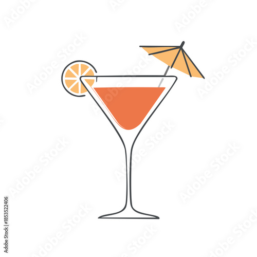 Elegant Cocktail Illustration with Citrus Slice and Paper Umbrella, Line Art Style
