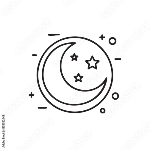 Crescent moon and stars in circle, a celestial dreamlike scene, minimalist art style, astronomical element, night