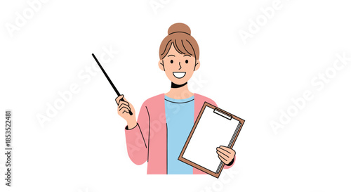Smiling woman in pink cardigan holding a pointer and clipboard.