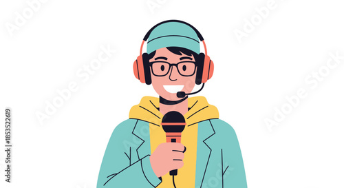 Young Person with Headphones and Microphone Ready to Speak.
