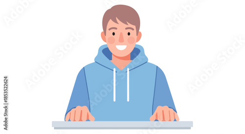 Young Man Wearing Blue Hoodie Typing on Keyboard.