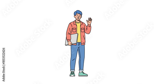 Young man in casual attire waving hello with a friendly smile.