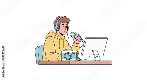 Young man with headphones and microphone recording audio at desk.