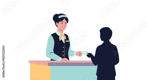 A hotel receptionist hands a key card to a guest.
